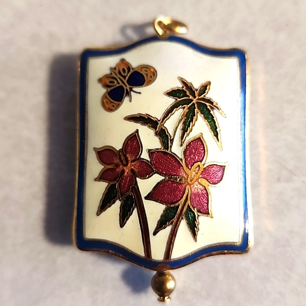 Vintage Puffy Cloisonne Enamel Pendant Rectangle Butterfly Flower